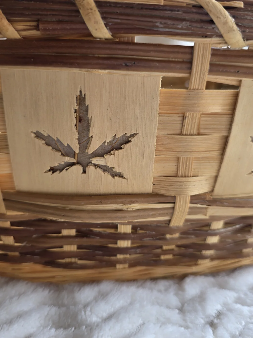 Handwoven Natural Brown Wicker Basket with Leaf Design